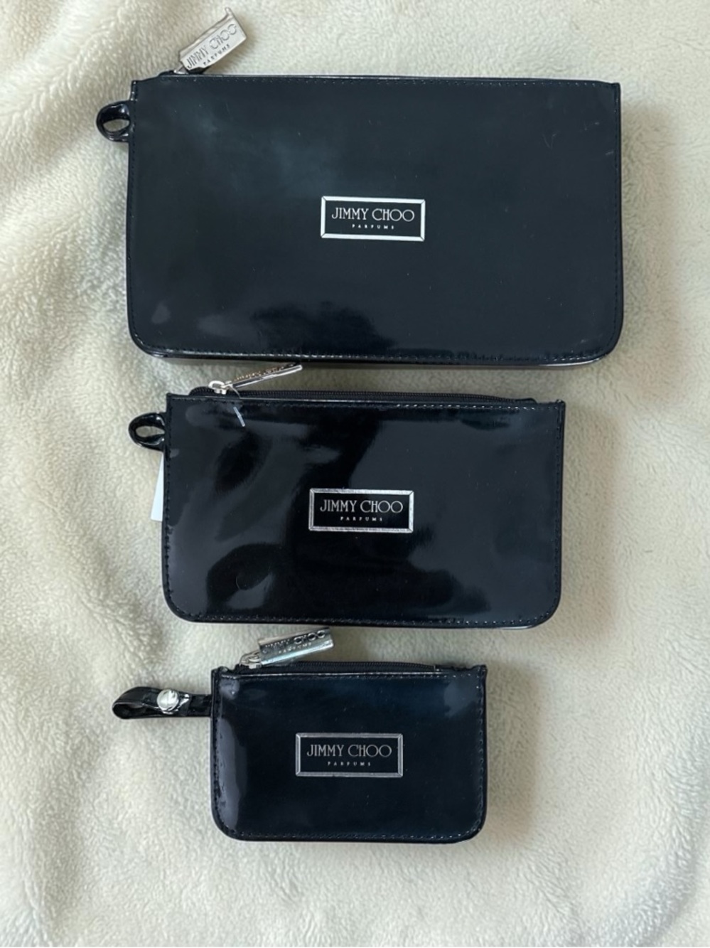 JIMMY CHOO Black Patent Pouch Set of Three Paris Luxury NWT